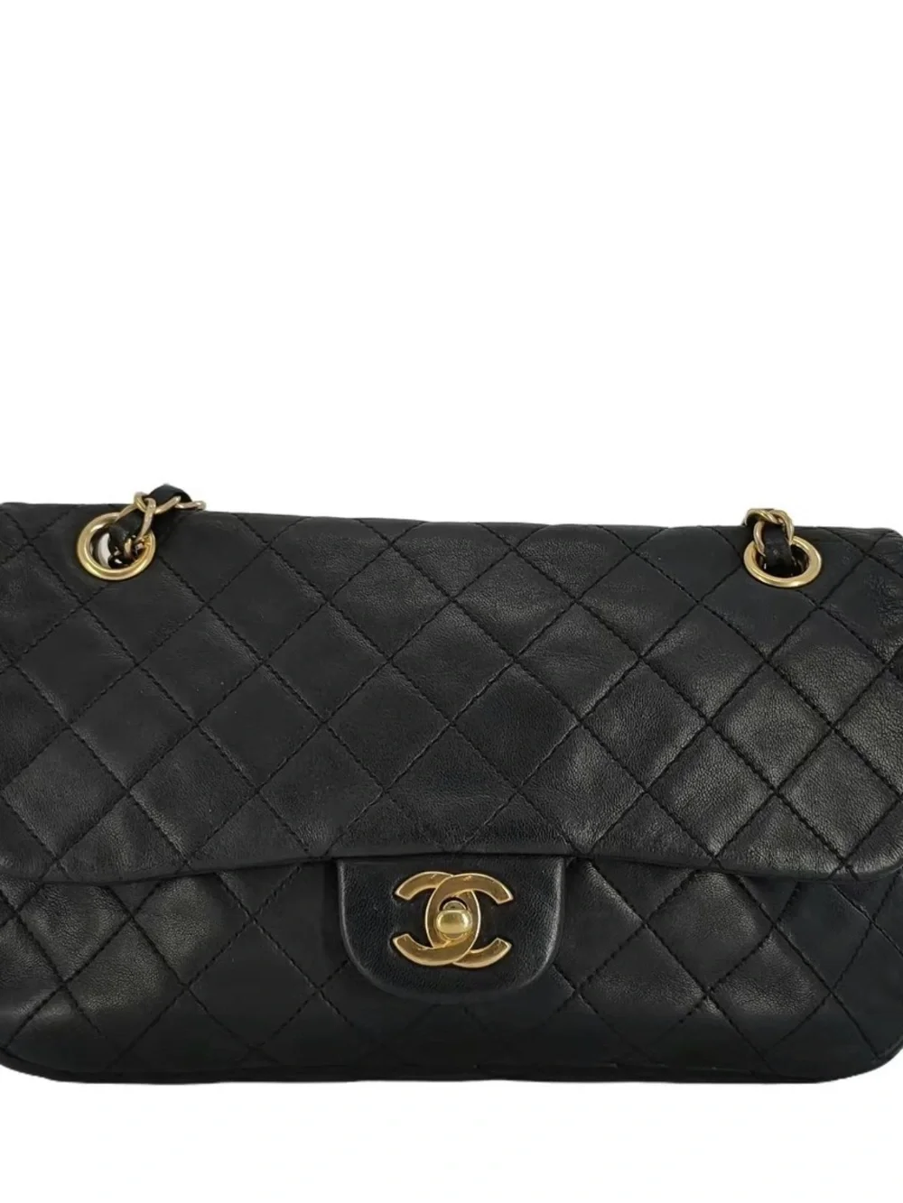 Authentic CHANEL Black Quilted Lambskin Shoulder Bag with Gold Hardware